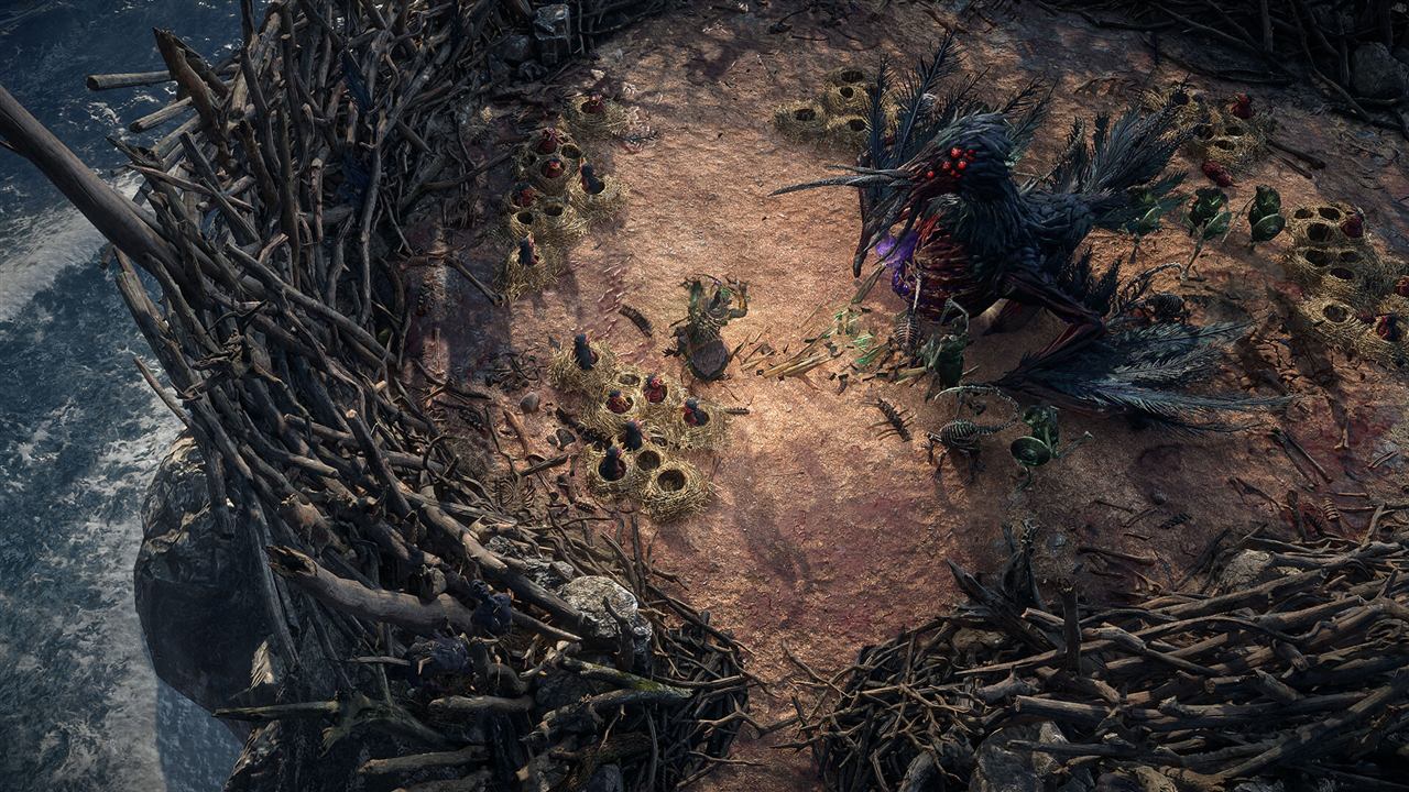 Giant crow-like beast in a twig nest ringed with small bird nests