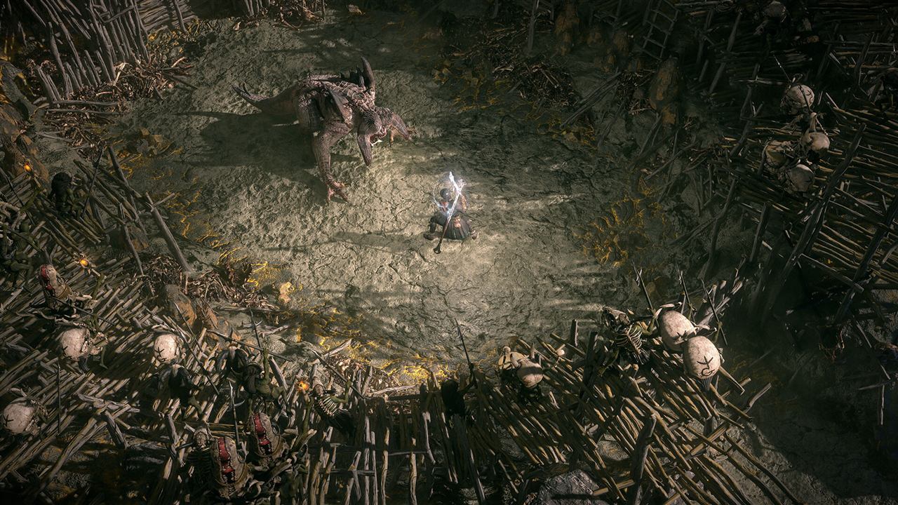 Exile with a glowing staff in a bone-lined circle facing a horned beast