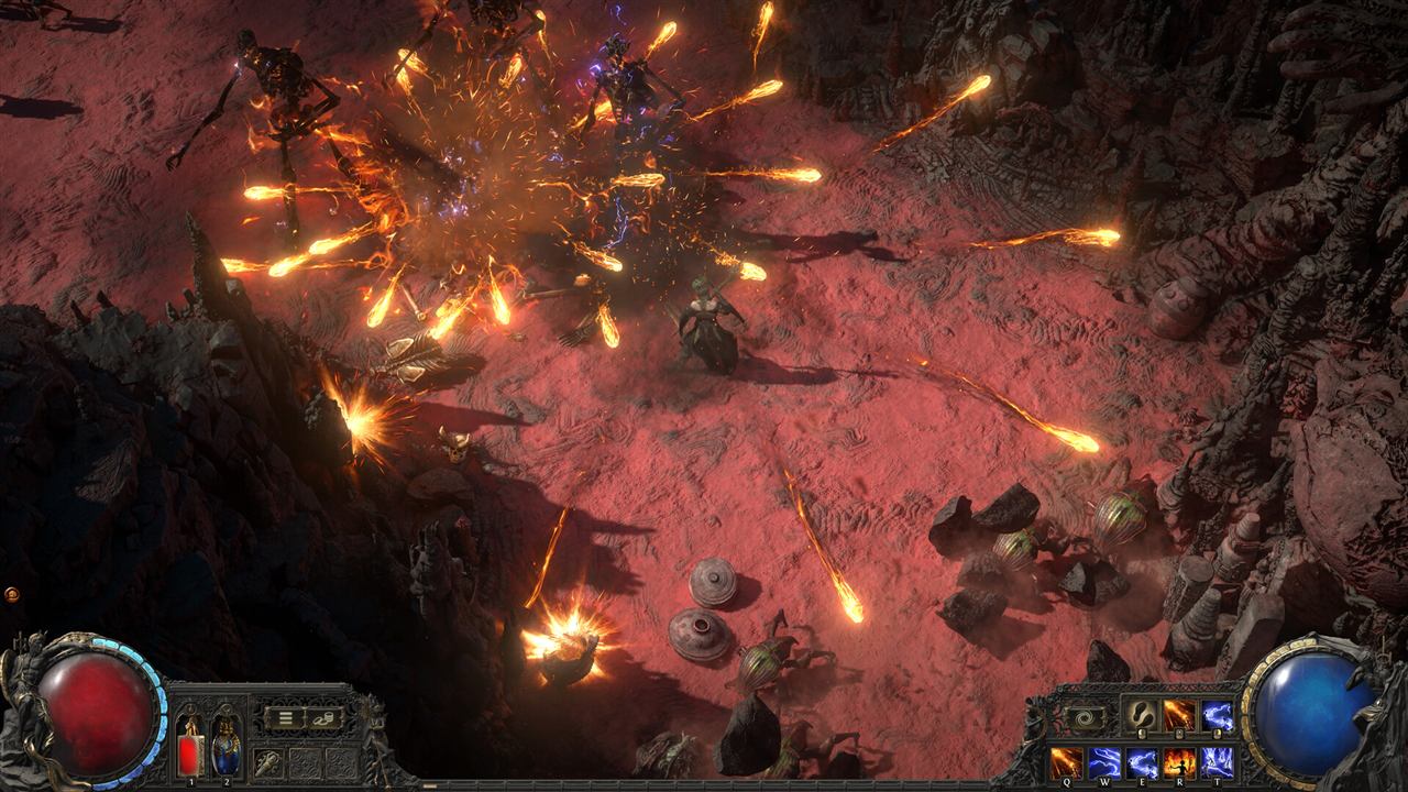 Exile on red earth as fire orbs streak past skeletal enemies