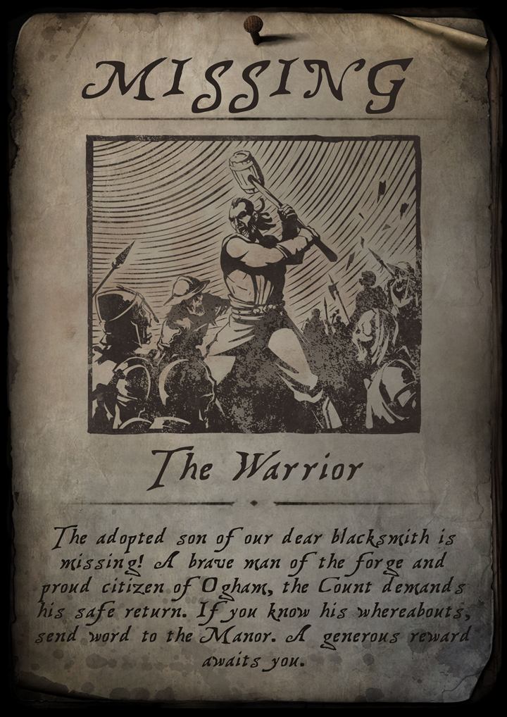 Ogham missing notice: a bearded man raises a two-handed hammer over a crowd