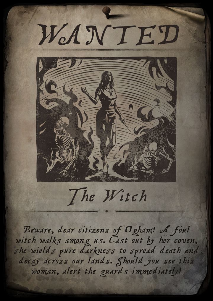 Ogham wanted notice: a woman standing between two skeletons in dark smoke
