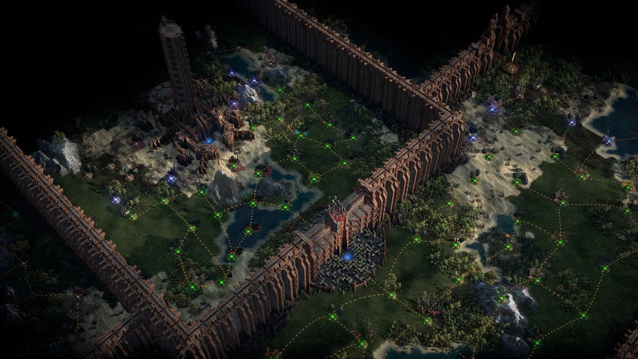 Overhead map of a walled landscape dotted with connected waypoints