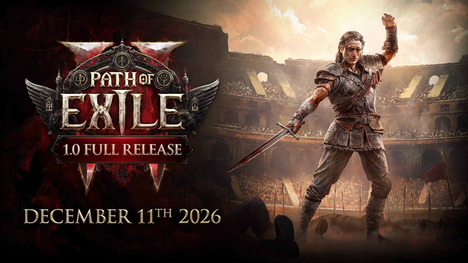 Path of Exile 2 1.0 press still: a swordsman raising a fist in an arena